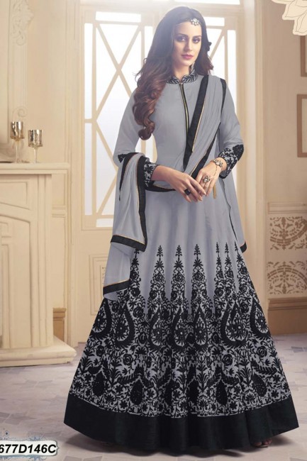 Grey color Taffeta Anarkali Suit