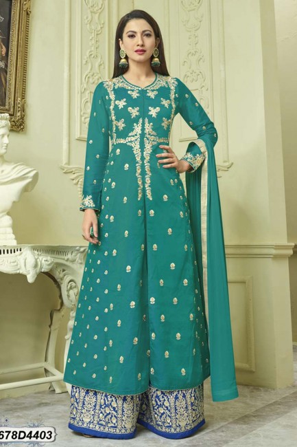 Turquoise color Raw Silk Anarkali Suit
