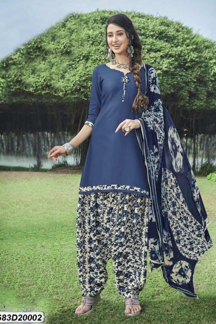 Splendid Blue Cotton Satin Patiala suit