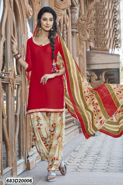 Appealing Red Cotton Satin Patiala suit
