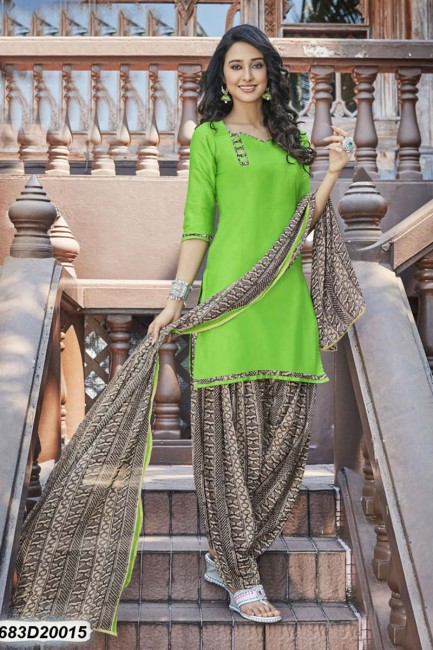 Enticing Green Cotton Satin Patiala suit