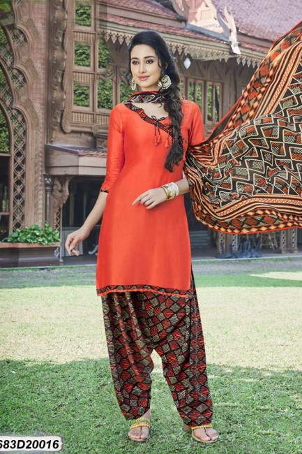 Dazzling Orange Cotton Satin Patiala suit