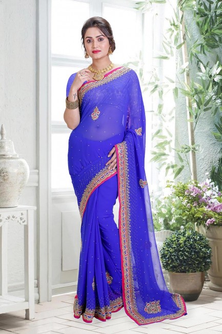 Saree in Blue Georgette with Hand