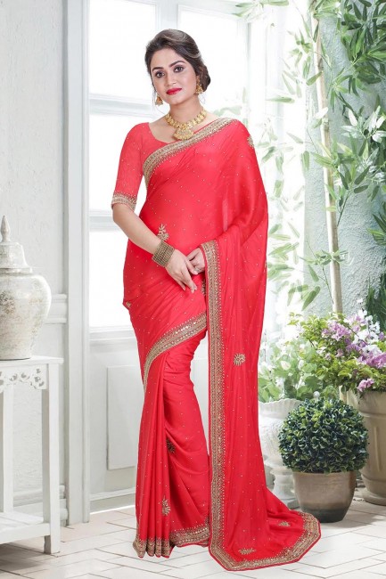 Red Saree in Silk with Hand