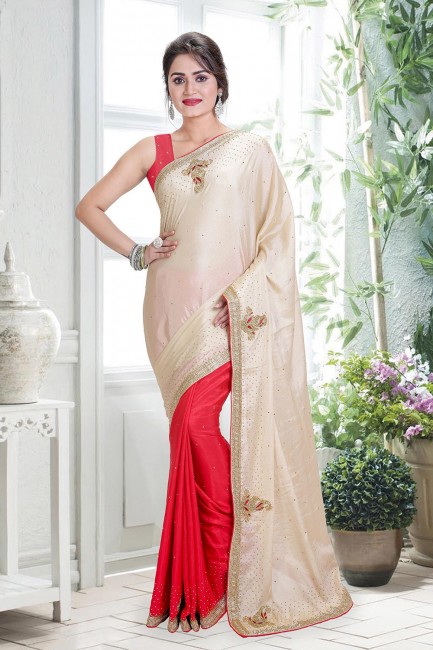 Silk & Shimmer Hand Beige Red Saree with Blouse