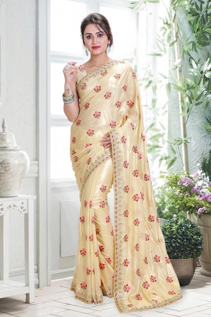 Embroidered Tissue Saree in Gold with Blouse