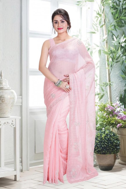 Hand Linen Saree in Baby Pink with Blouse