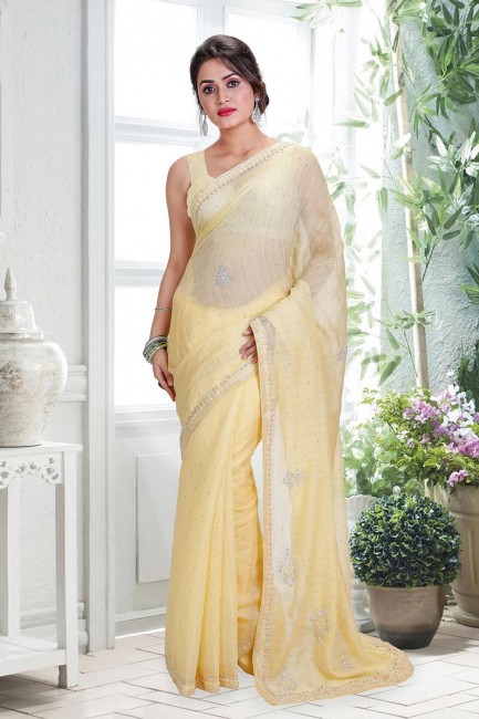 Yellow Linen Saree with Hand