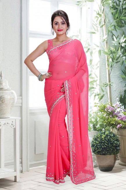 Georgette Saree with Hand in Pink