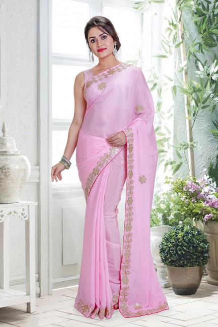 Hand Crepe Saree in Pink with Blouse