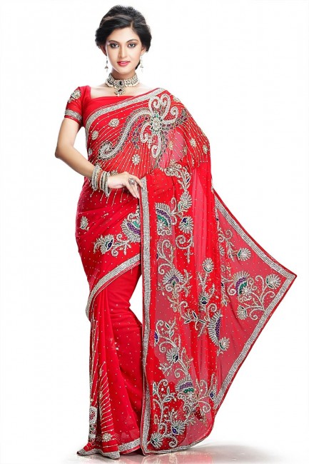 Chiffon Saree in Red with Hand