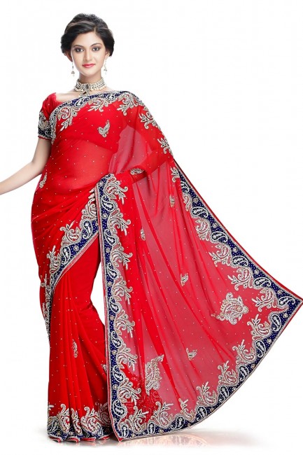 Saree in Red Chiffon with Hand