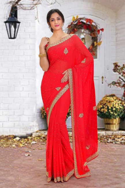 Beads Georgette Saree in Red