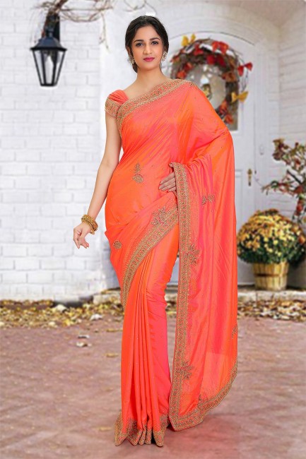 Saree in Orange Silk with Beads