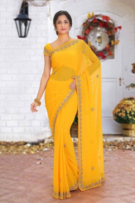 Beads Georgette Saree in Yellow with Blouse