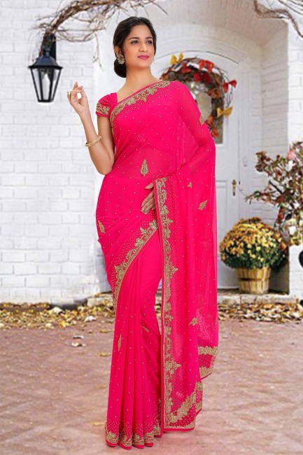 Pink Saree with Beads Georgette