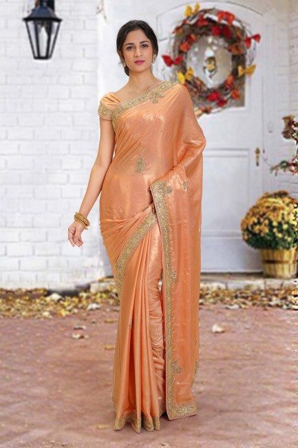 Beads Shimmer Saree in Orange with Blouse