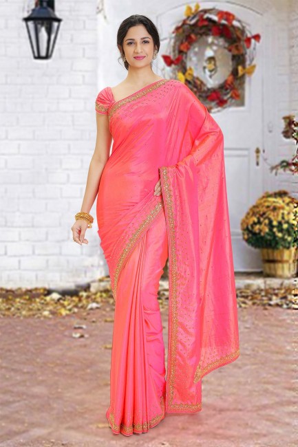 Opulent Silk Saree with Beads in Pink