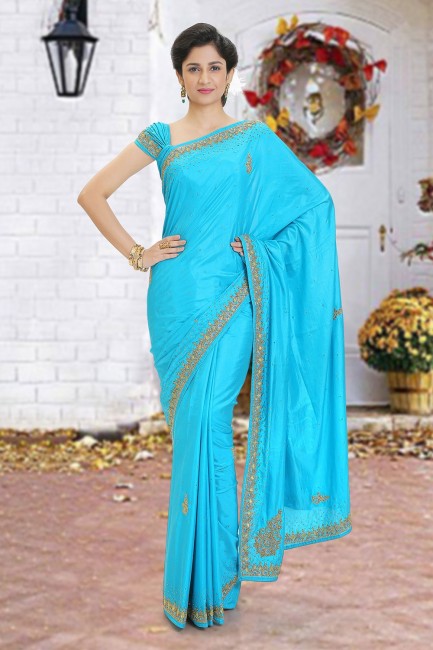 Saree in sky Blue Silk with Beads
