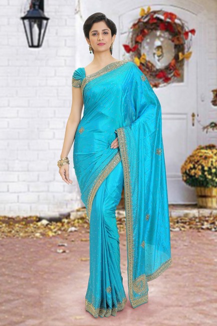 Blue Saree in Silk with Beads