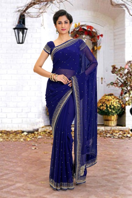 Blue Georgette Beads Saree with Blouse