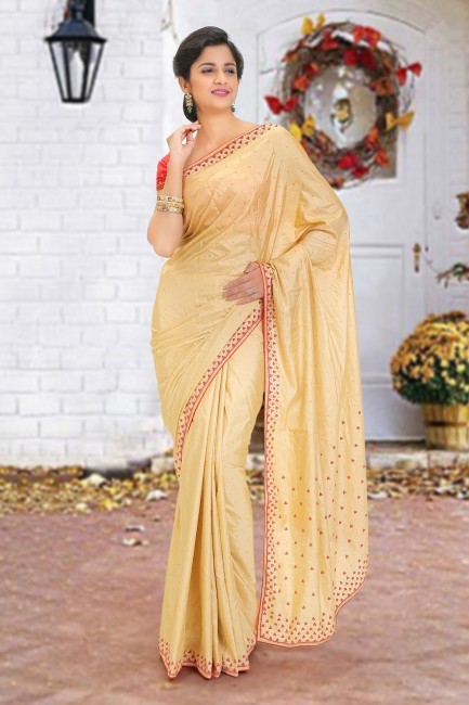 Silk Saree with Beads in Beige