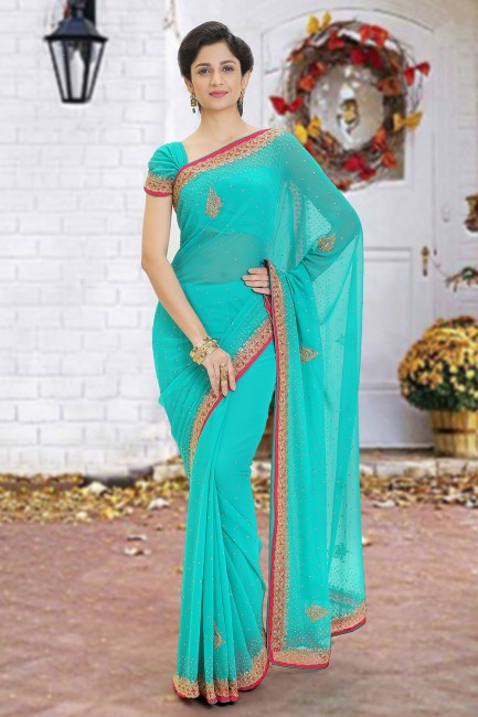 Beads Georgette Sea Green Saree Blouse