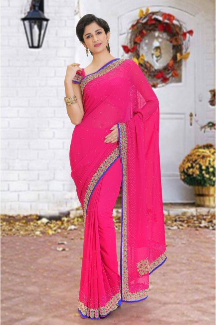 Latest Saree in Pink Georgette with Beads