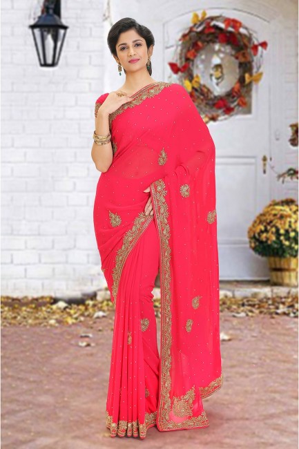 Georgette Pink Saree in Beads