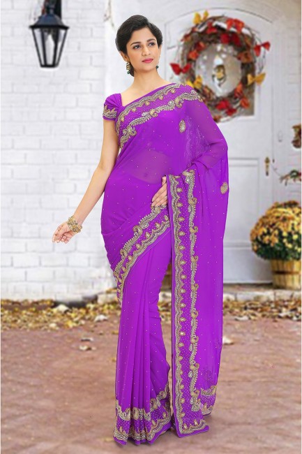 Georgette Saree in Purple with Beads