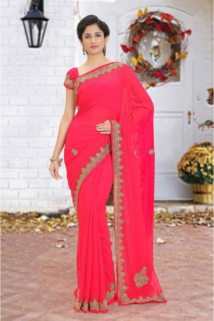 Saree in Pink Georgette with Beads