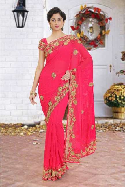 Latest Pink Georgette Beads Saree with Blouse