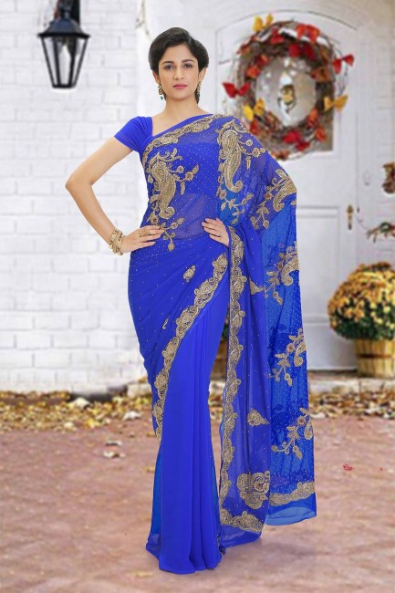 Blue Saree in Georgette with Beads
