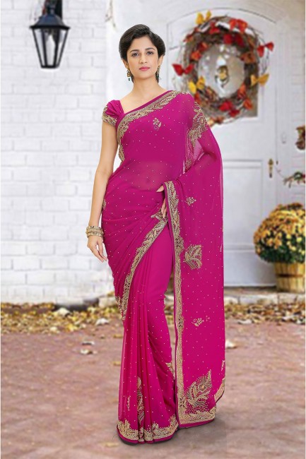 Georgette Saree with Beads in Magenta