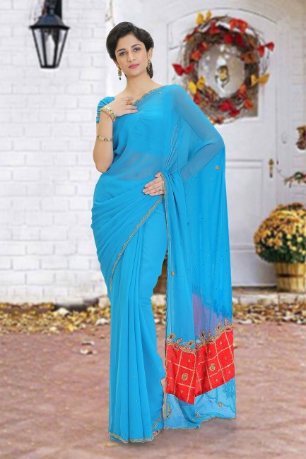 sky Blue Georgette Beads Saree with Blouse