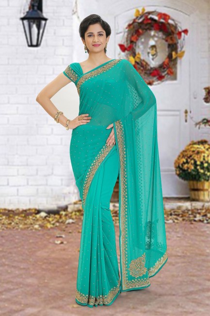 Green Saree with Beads Georgette