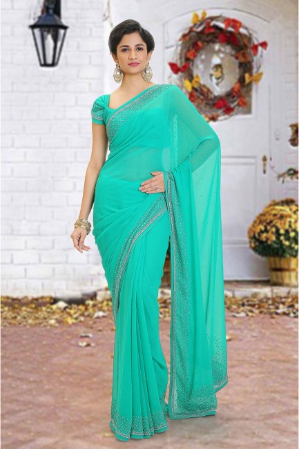 Beads Georgette Saree in Sea Green with Blouse