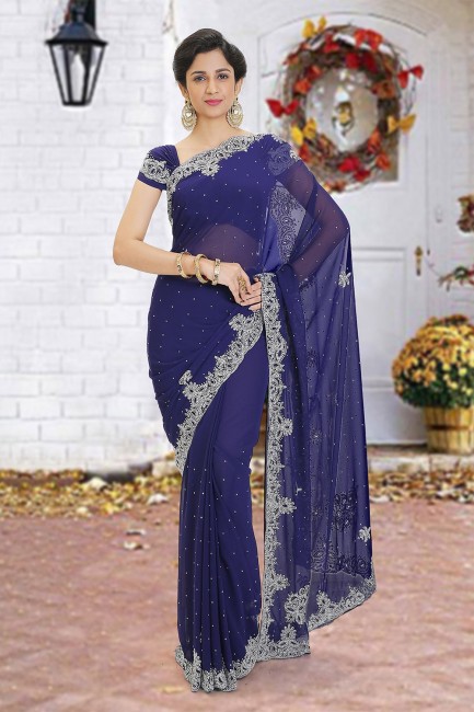 Georgette Saree in Blue with Beads