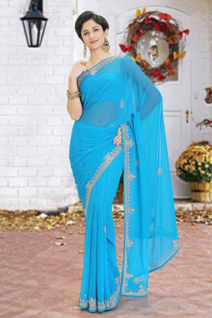 Fashionable Georgette Saree in sky Blue with Beads