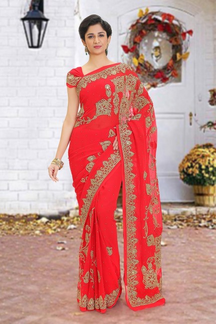 Red Saree with Beads Georgette
