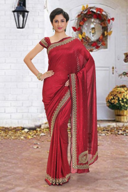 Silk Saree with Beads in Maroon