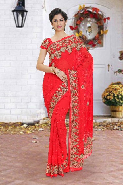 Beads Georgette Red Saree Blouse