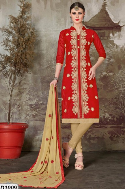 Designer Red color Chanderi Silk Churidar Suit