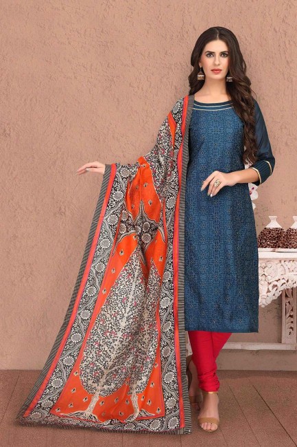 Alluring Dark Blue Silk Churidar Suits with Chanderi