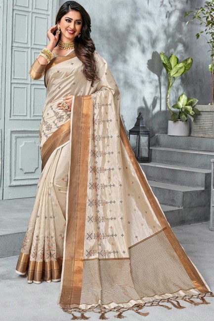 Gorgeous Raw Silk Saree in Off White with Printed