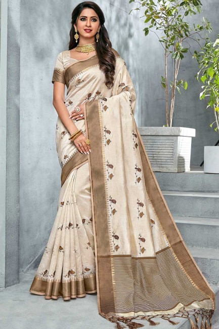 Delicate Raw Silk Saree in Off White with Printed