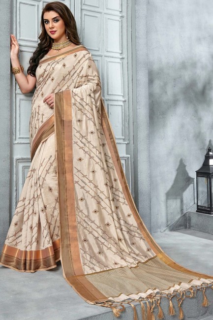 Fascinating Printed Raw Silk Saree in Off White with Blouse