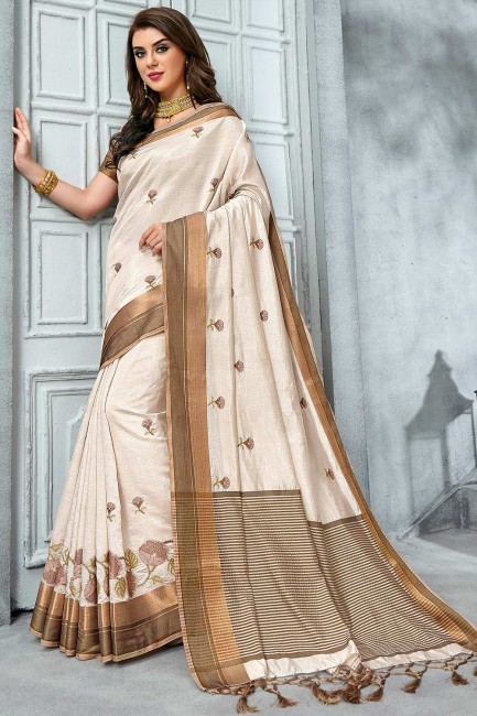 Off White Raw Silk Printed Saree with Blouse