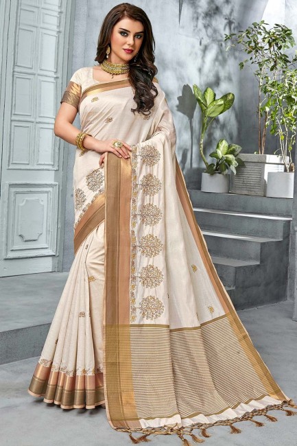 Elegant Off White Saree in Raw Silk with Printed