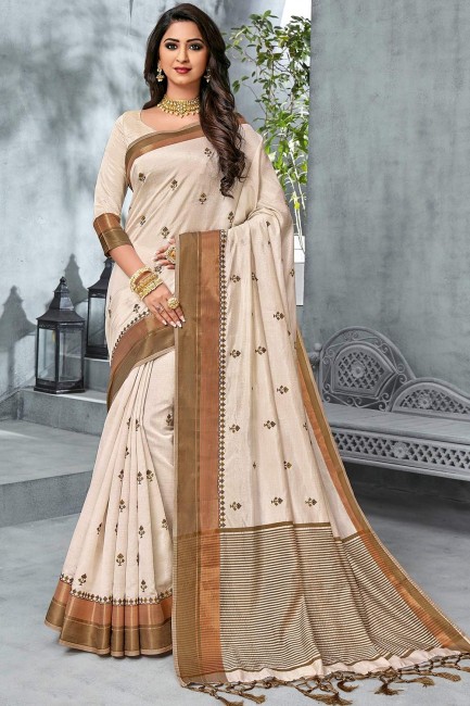 Latest Off White Saree in Raw Silk with Printed